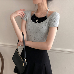 半袖Tシャツ ホルタードットレイヤードクロップ半袖Tシャツ GREY