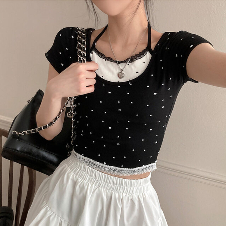 ホルタードットレイヤードクロップ半袖Tシャツ BLACK