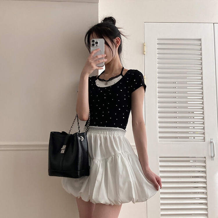 ホルタードットレイヤードクロップ半袖Tシャツ BLACK
