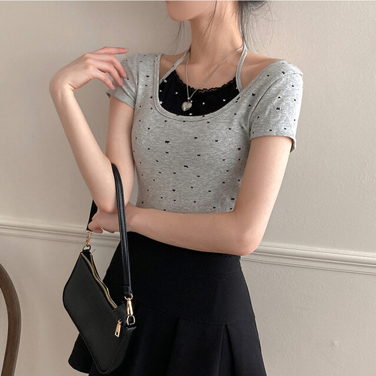 ホルタードットレイヤードクロップ半袖Tシャツ GREY