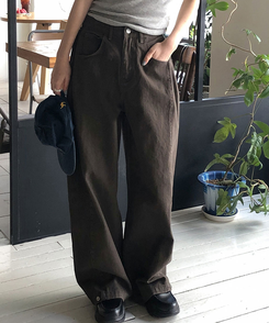 ワイド 【丈別】バルーンボタンハイウエストコットンパンツ BROWN