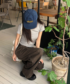ワイド 【丈別】バルーンボタンハイウエストコットンパンツ BROWN