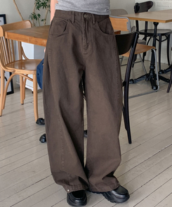 ワイド 【丈別】バルーンボタンハイウエストコットンパンツ BROWN