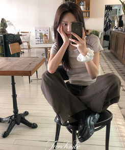 ワイド 【丈別】バルーンボタンハイウエストコットンパンツ BROWN