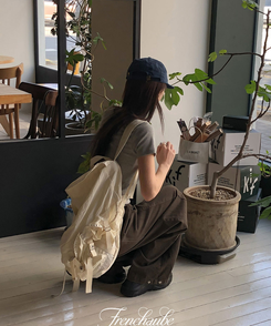 ワイド 【丈別】バルーンボタンハイウエストコットンパンツ BROWN