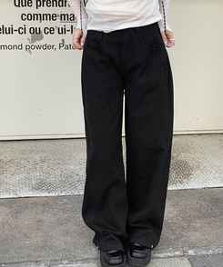 ワイド 【丈別】バルーンボタンハイウエストコットンパンツ BLACK