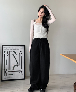 ワイド 【丈別】バルーンボタンハイウエストコットンパンツ BLACK