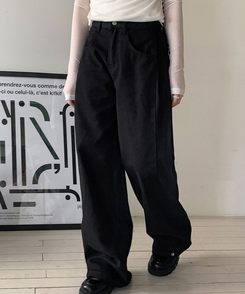ワイド 【丈別】バルーンボタンハイウエストコットンパンツ BLACK
