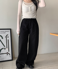 ワイド 【丈別】バルーンボタンハイウエストコットンパンツ BLACK