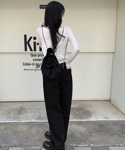 ワイド 【丈別】バルーンボタンハイウエストコットンパンツ BLACK