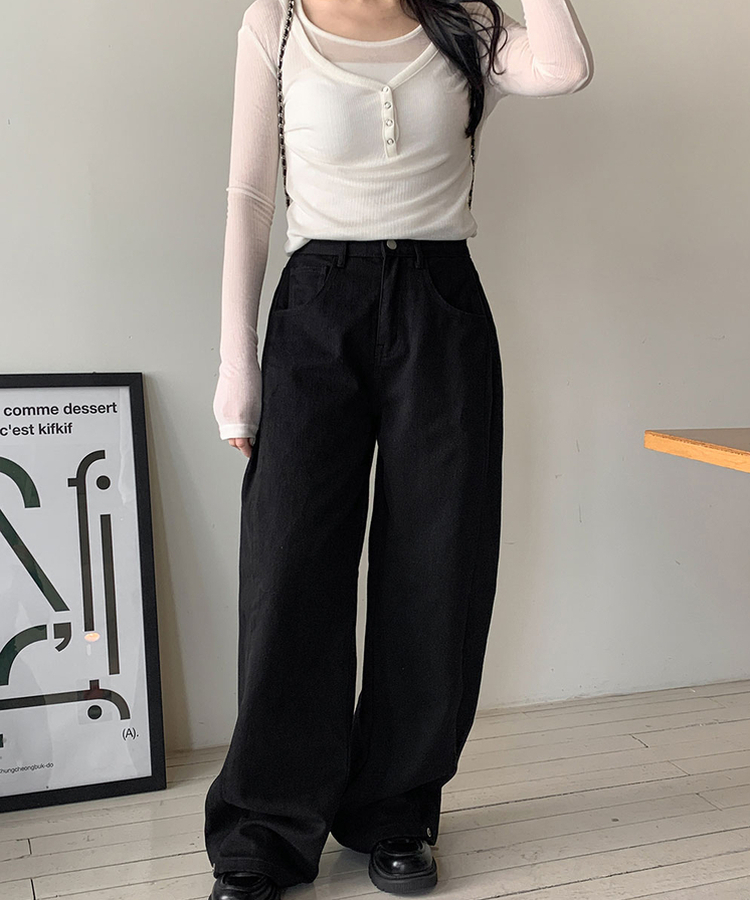 【丈別】バルーンボタンハイウエストコットンパンツ BLACK
