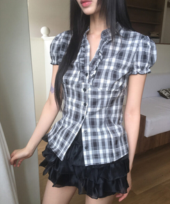 ブラウス Vネックチェックフリルブラウス BLACK