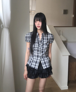 ブラウス Vネックチェックフリルブラウス BLACK
