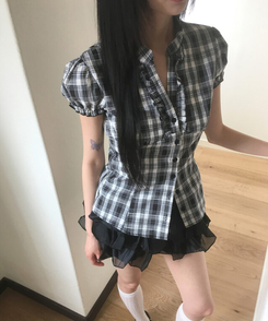 ブラウス Vネックチェックフリルブラウス BLACK