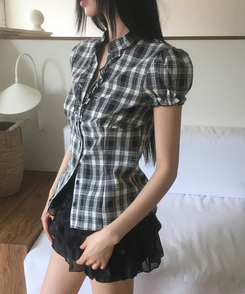 ブラウス Vネックチェックフリルブラウス BLACK