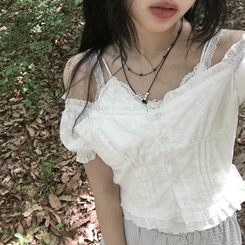ブラウス パンチングレースボタン半袖ブラウス IVORY
