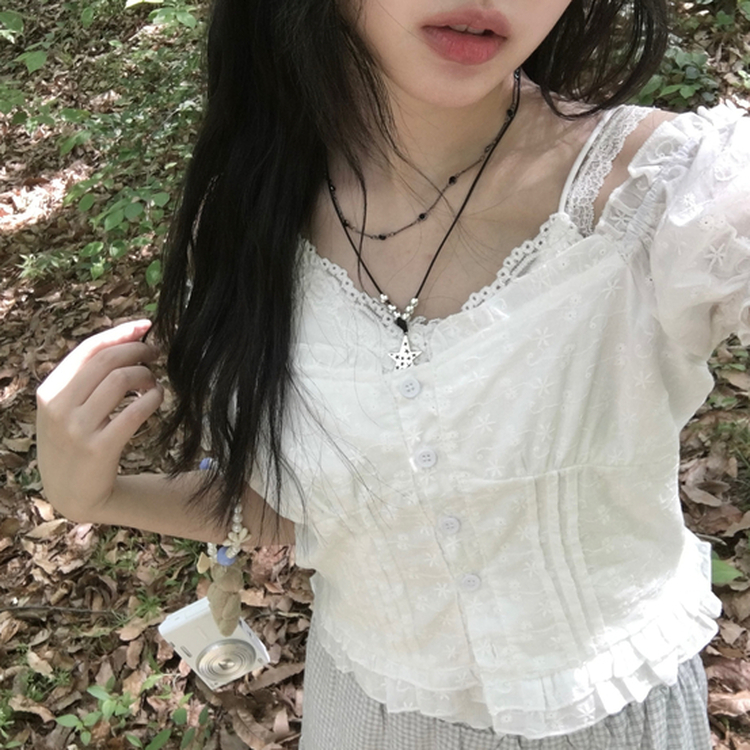 ブラウス パンチングレースボタン半袖ブラウス IVORY