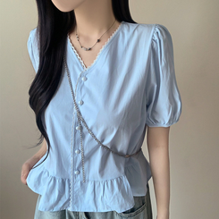 ブラウス レースVネックフリルパフ半袖ブラウス SKY BLUE