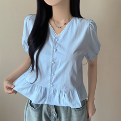 ブラウス レースVネックフリルパフ半袖ブラウス SKY BLUE