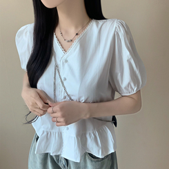 ブラウス レースVネックフリルパフ半袖ブラウス WHITE