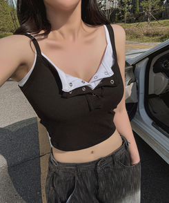 ノースリーブ スナップボタンスリムクロップキャミソール(8color) BLACK