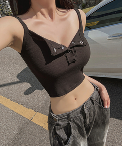 ノースリーブ スナップボタンスリムクロップキャミソール(8color) BLACK