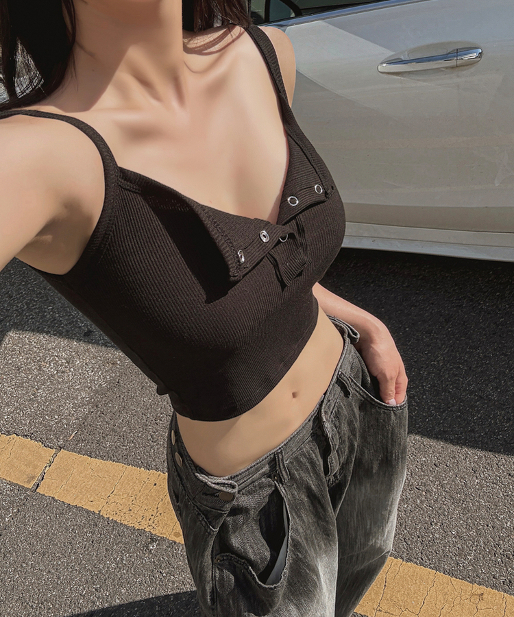 ノースリーブ スナップボタンスリムクロップキャミソール(8color) BLACK