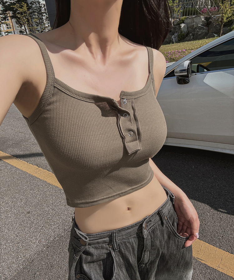 スナップボタンスリムクロップキャミソール(8color) KHAKI
