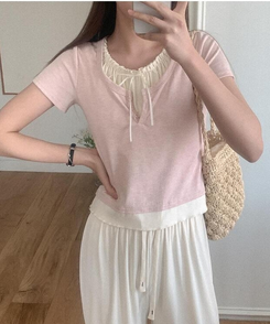 半袖Tシャツ レイヤードボタン半袖Tシャツ(5color) PINK