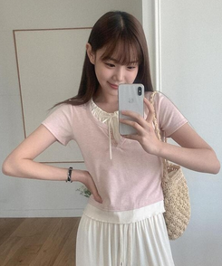 半袖Tシャツ レイヤードボタン半袖Tシャツ(5color) PINK