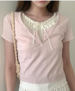 半袖Tシャツ レイヤードボタン半袖Tシャツ(5color) PINK