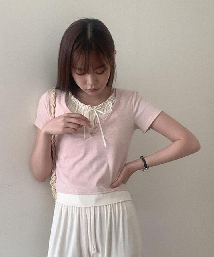 レイヤードボタン半袖Tシャツ(5color) PINK