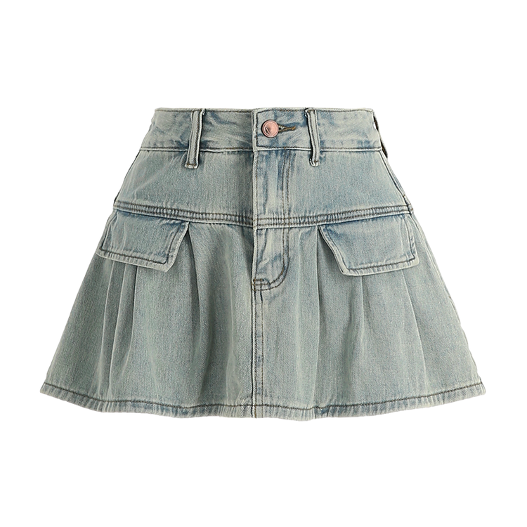 （パンツ裏地付き／レトロでラブリーなムード＊.*／太ももカバー効果）リバオン プリーツウォッシュ Aライン デニムミニスカート