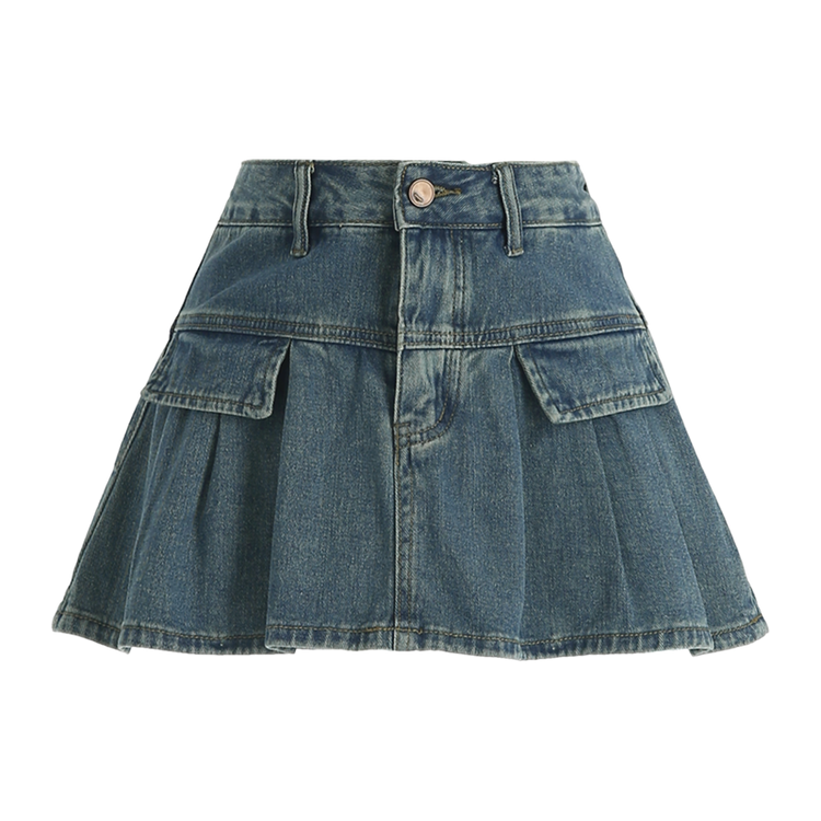 （パンツ裏地付き／レトロでラブリーなムード＊.*／太ももカバー効果）リバオン プリーツウォッシュ Aライン デニムミニスカート