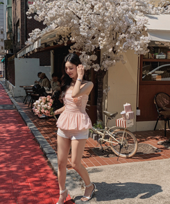 ブラウス 【タイ付き】フラワーチューブトップ(6color) PINK