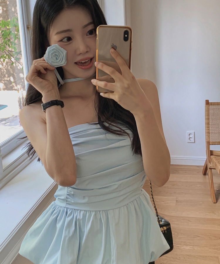 【タイ付き】フラワーチューブトップ(6color) SKYBLUE