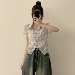 シャツ セミクロップチェック半袖シャツ IVORY