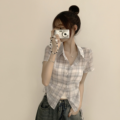 シャツ セミクロップチェック半袖シャツ IVORY