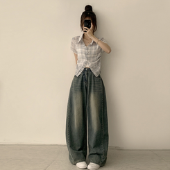 シャツ セミクロップチェック半袖シャツ IVORY