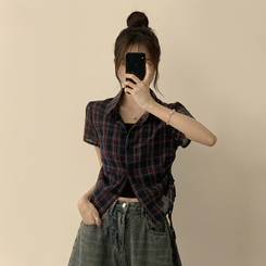 シャツ セミクロップチェック半袖シャツ NAVY