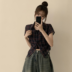 シャツ セミクロップチェック半袖シャツ NAVY