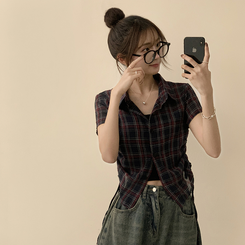 シャツ セミクロップチェック半袖シャツ NAVY