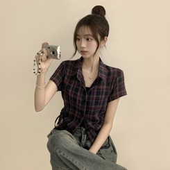 シャツ セミクロップチェック半袖シャツ NAVY
