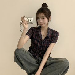 シャツ セミクロップチェック半袖シャツ NAVY