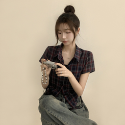 シャツ セミクロップチェック半袖シャツ NAVY