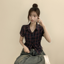 シャツ セミクロップチェック半袖シャツ NAVY