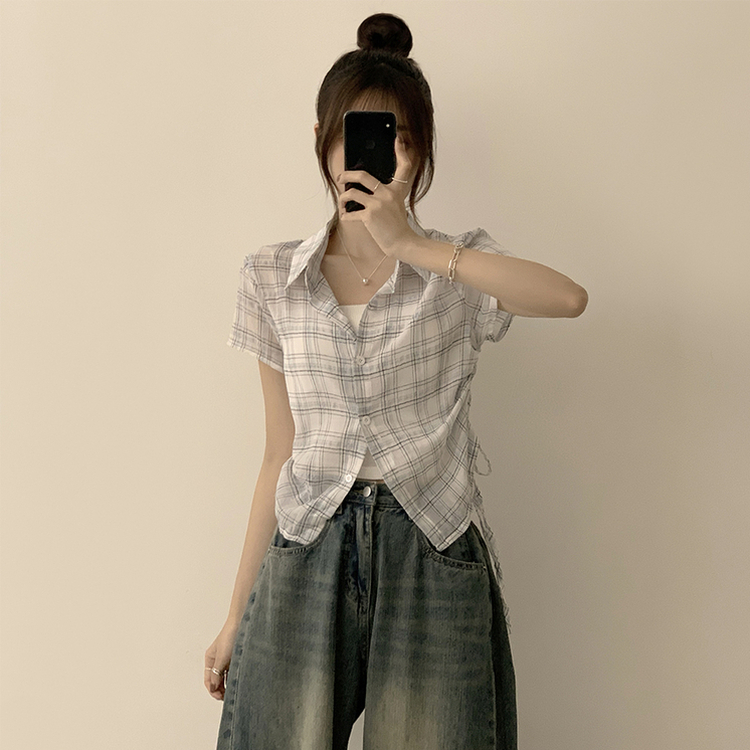 セミクロップチェック半袖シャツ IVORY