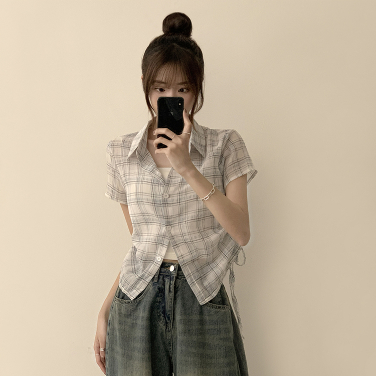 セミクロップチェック半袖シャツ IVORY