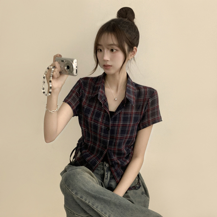セミクロップチェック半袖シャツ NAVY