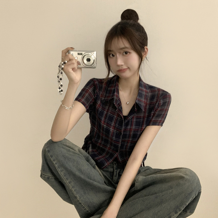 セミクロップチェック半袖シャツ NAVY
